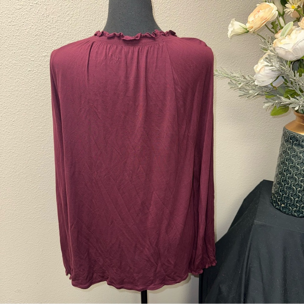 LOFT Burgundy Ruffle Neck Blouse Long Sleeve Soft Knit Top Large - Picture 3 of 7